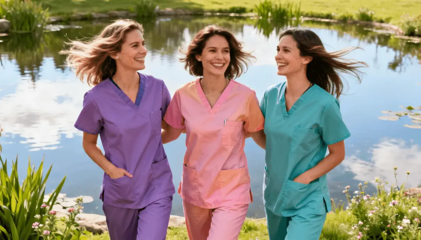 Three smiling nursing students in scrubs walking outdoors